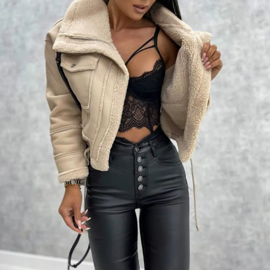

Women's Short Coat Autumn Winter Lamb Wool Zipper Machine Car Style Jacket Top Outerwear Fashionable Women's Clothing