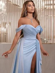 Satin light blue evening dress, women's high slit formal wedding party ball dress, off the shoulder pleated luxurious dress