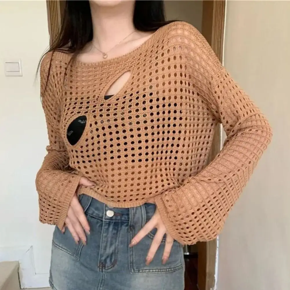 Mode Langarm Höhlte Heraus Kittel Lose Gestrickte Solide Gestellte Tops Rundhals Pullover Aushöhlen Stricken Tops Club