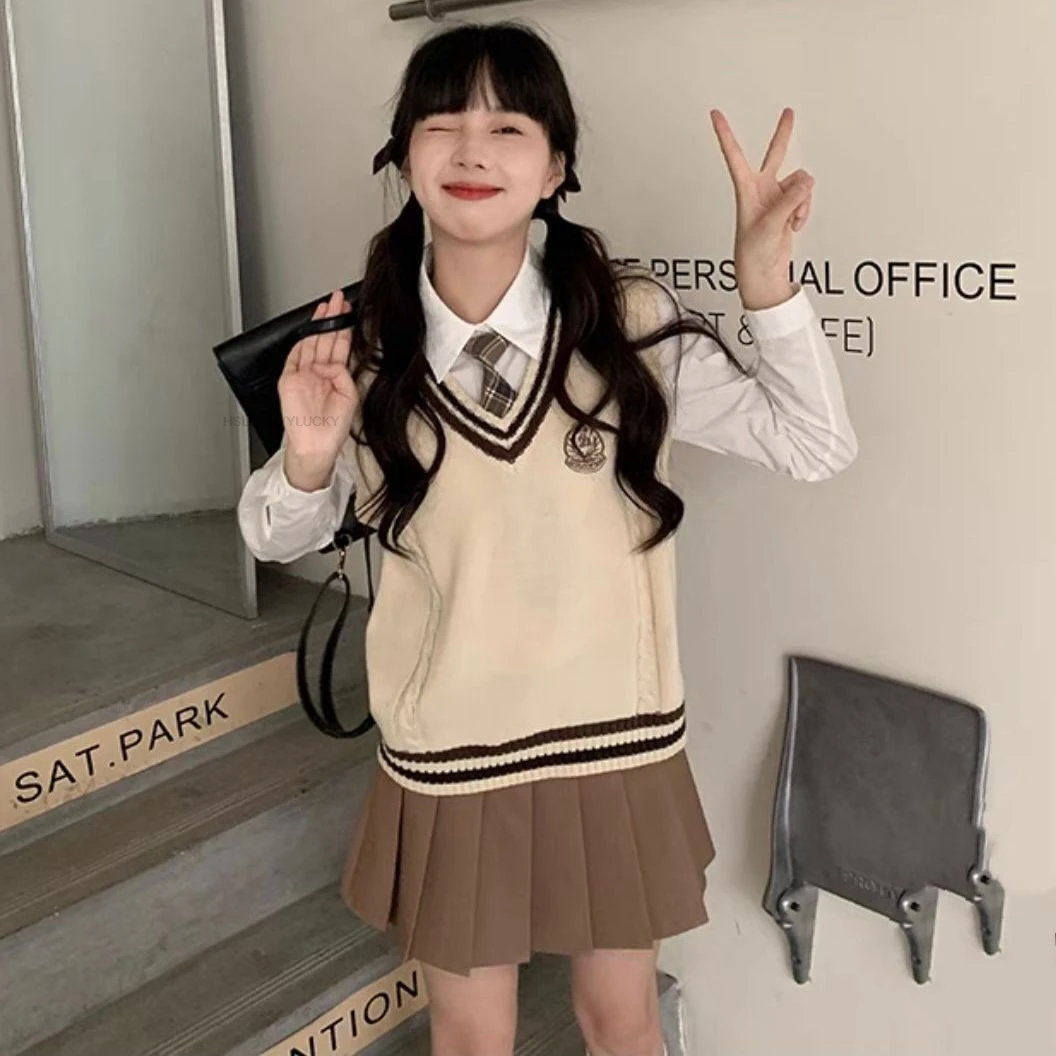 Autumn Korea Style Fashion Suit women's Shirt Vest Top Skirt Temperament Vest College Style School Uniform Girl Jk Set