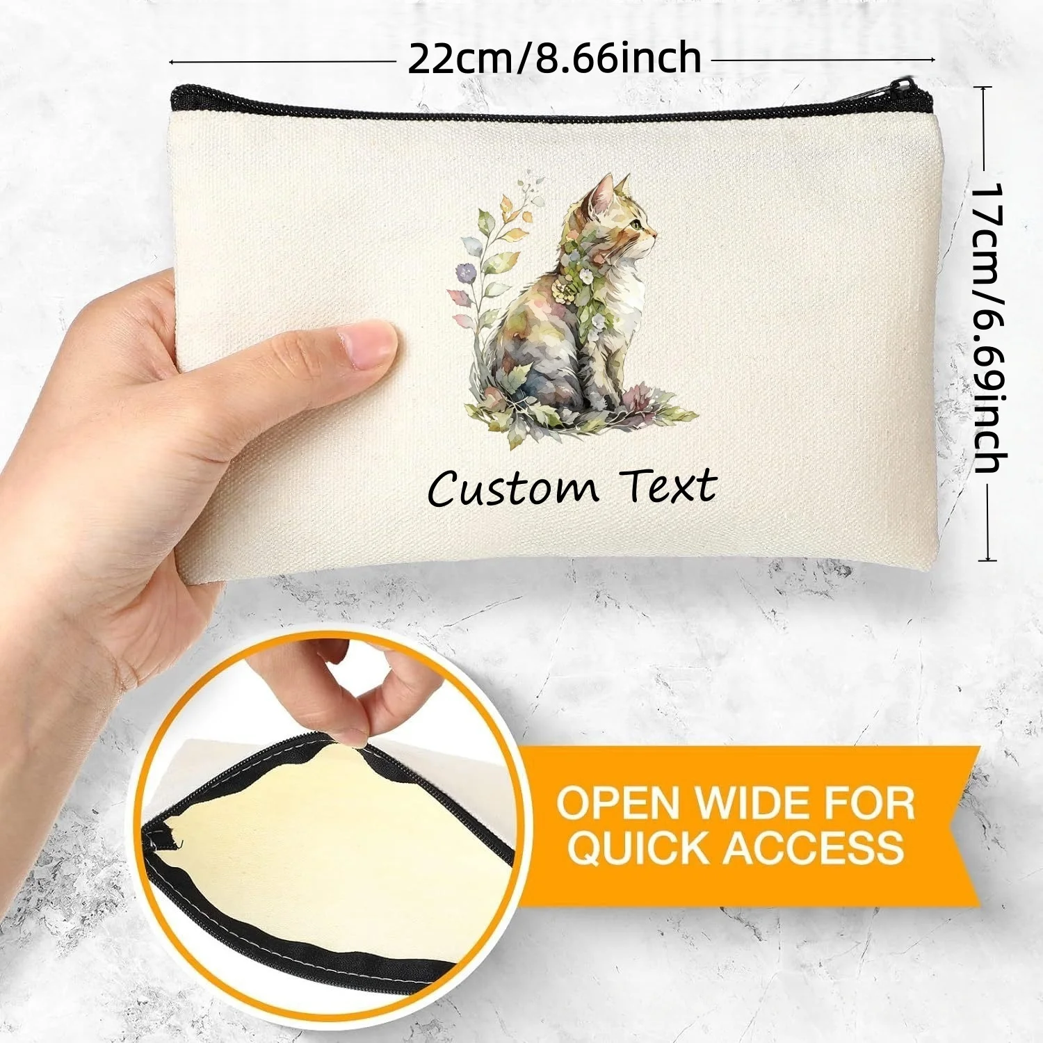 1PCCustom Text Watercolor Floral Cat Cosmetic Pouch Cute Kitten Zipper Makeup Bag Personalized Canvas Storage Gift for Cat Lover