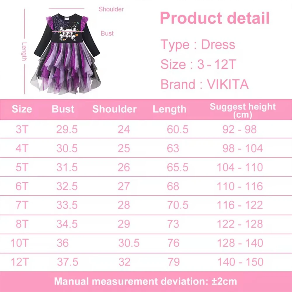 VIKITA Kinder Halloween Feiertagskostüme Mädchen Spinnen-Totenkopf-Druck Glockenärmel Herbst Winter Prinzessin Mesh Tutu Kleider – Detail 1