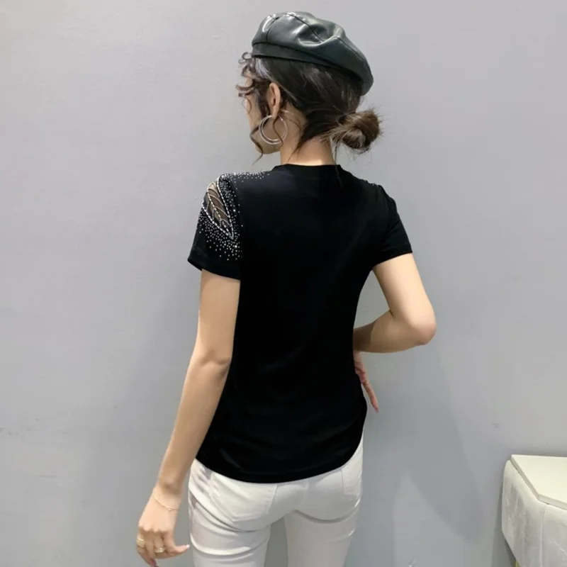 #5315 Black White Green Red Short Sleeve T Shirt Women Spliced Mesh Diamonds Sexy Hollow Out Skinny T-shirt Femme O-neck Summer