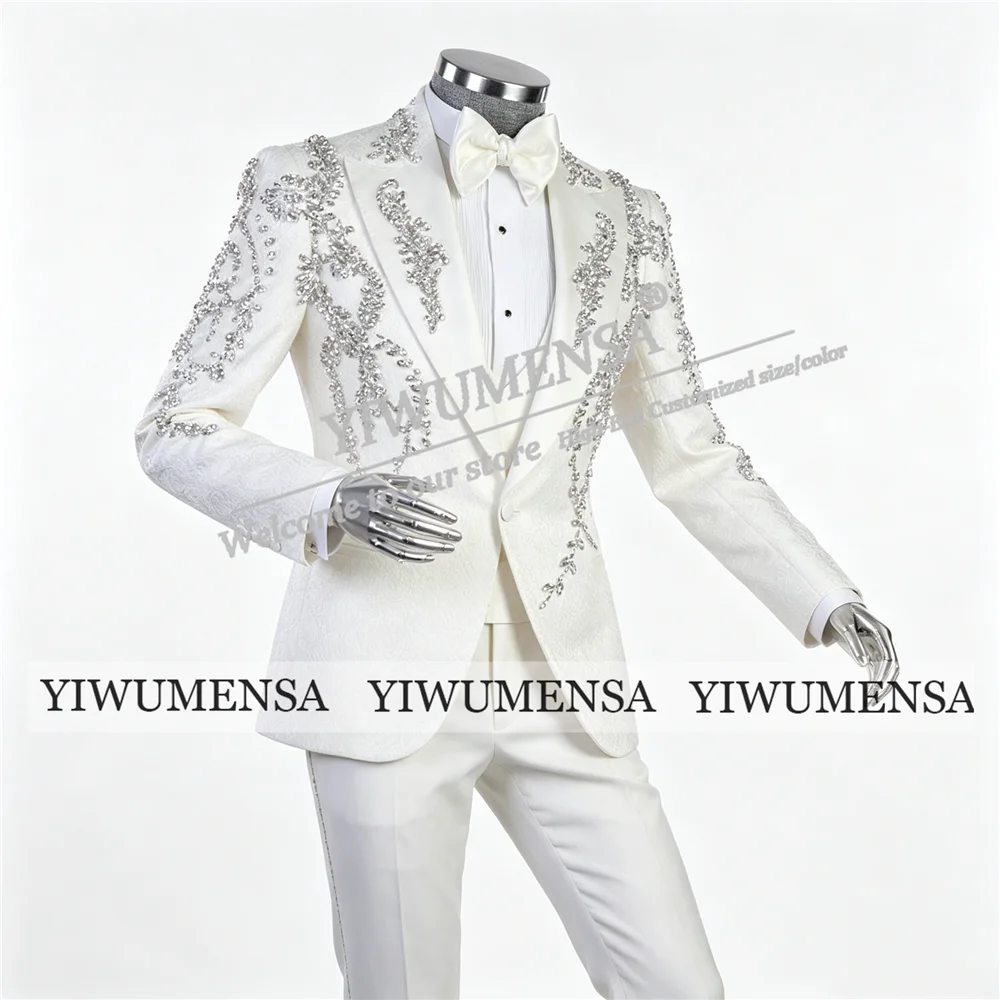 Exclusive Jewelry Stones Wedding Suits For Man Peaked Label Prom Blazers Customized 3 Pieces Sets Groom Tuxedos Slim Fit Outfits