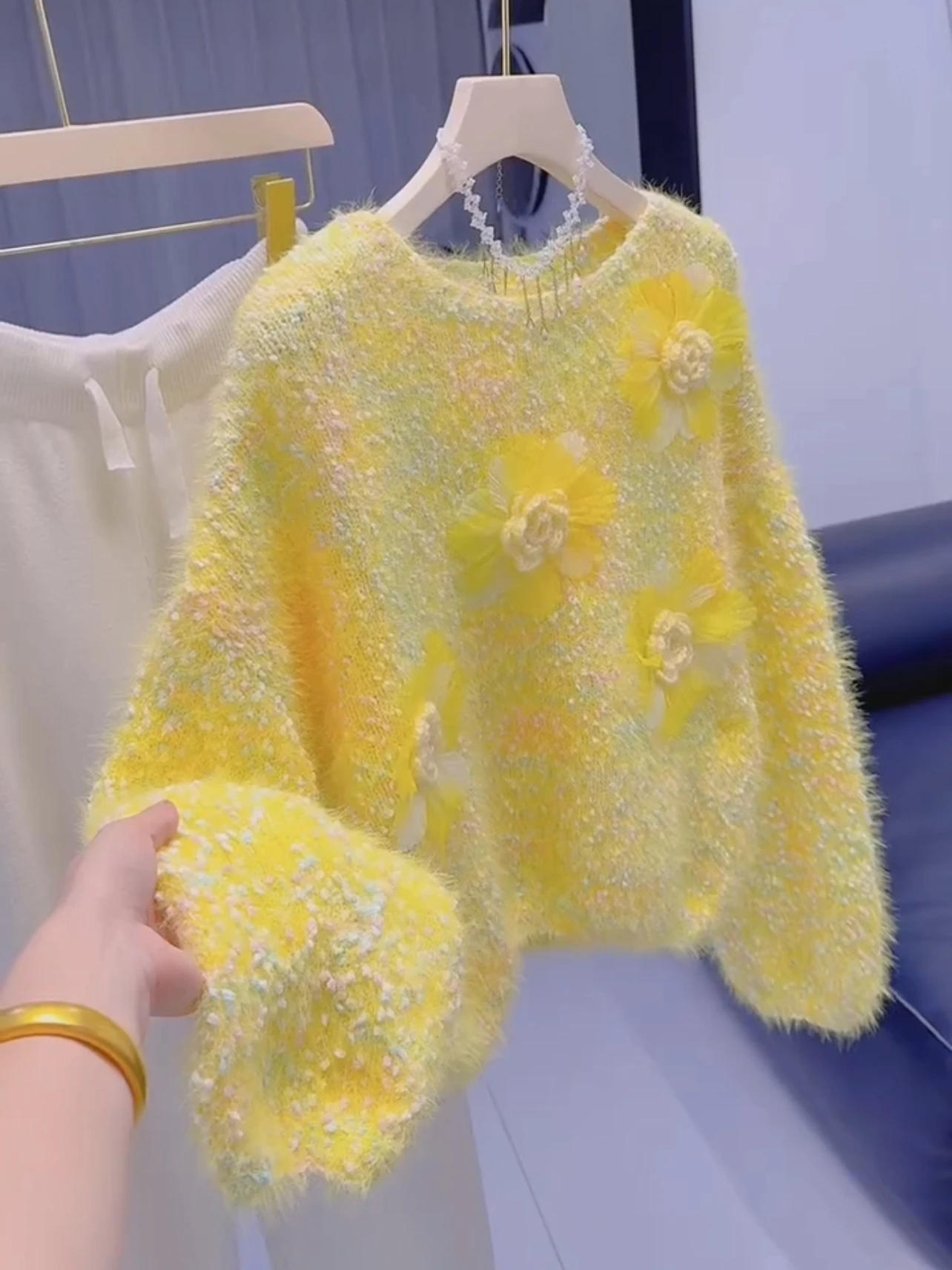 ソフトパープルセーター レディース 秋冬 花柄デザイン センセーション ミンク風ニットトップス スイートジェントル スレ ロングスリーブ...