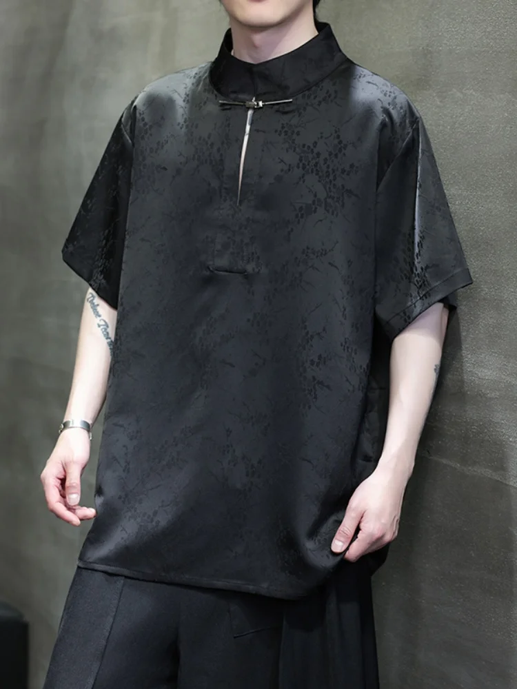 

Новая мужская летняя футболка из шелкового атласа с коротким рукавом, тонкая, свободная, в китайском стиле, модный топ в стиле Тан, Ханьфу, модная одежда