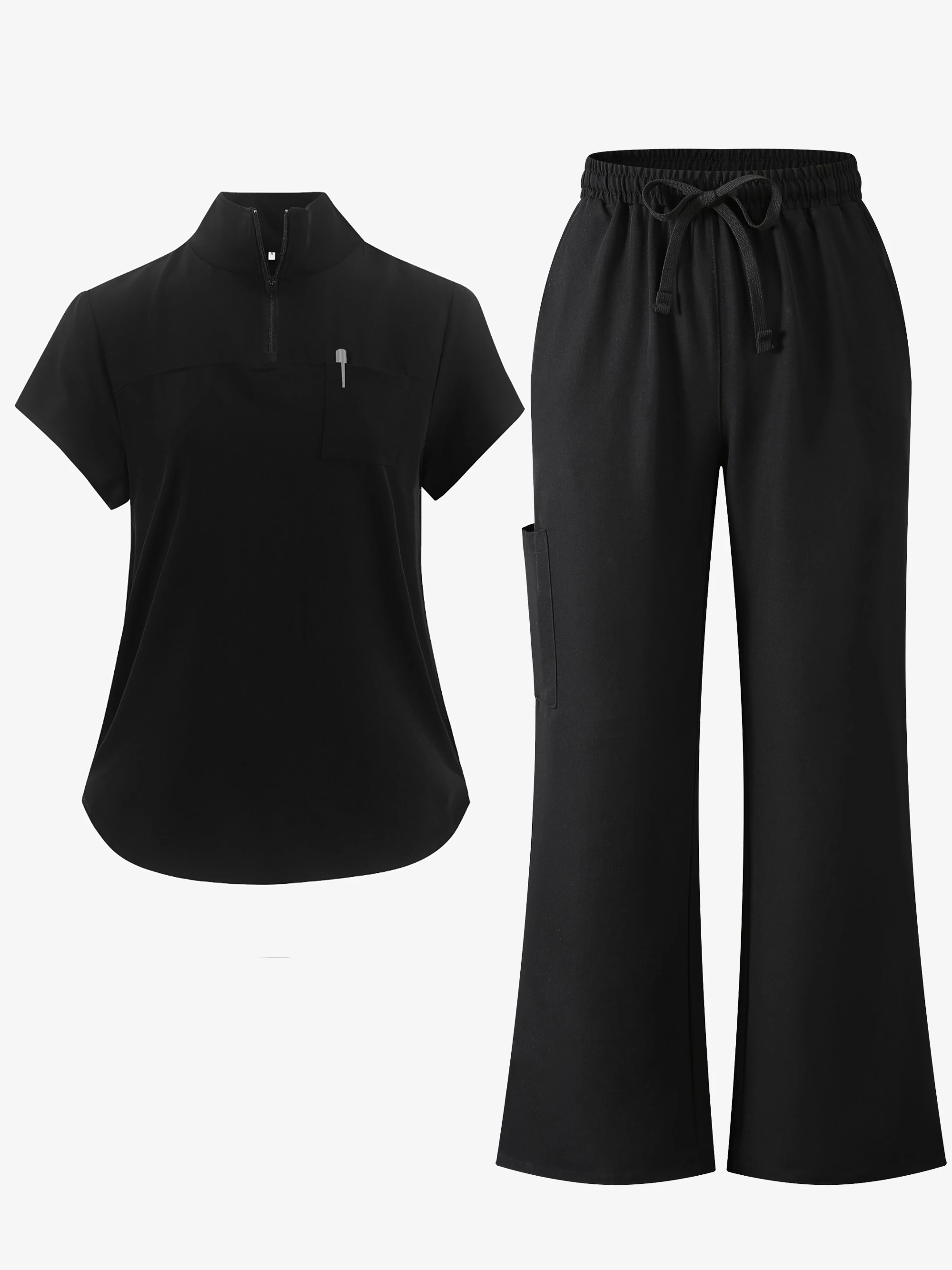 

Women's Nurse Uniform Set Short Sleeve Top with Half-Zip Collar And Multi-Pocket Flare Trousers Lace-Up Workwear
