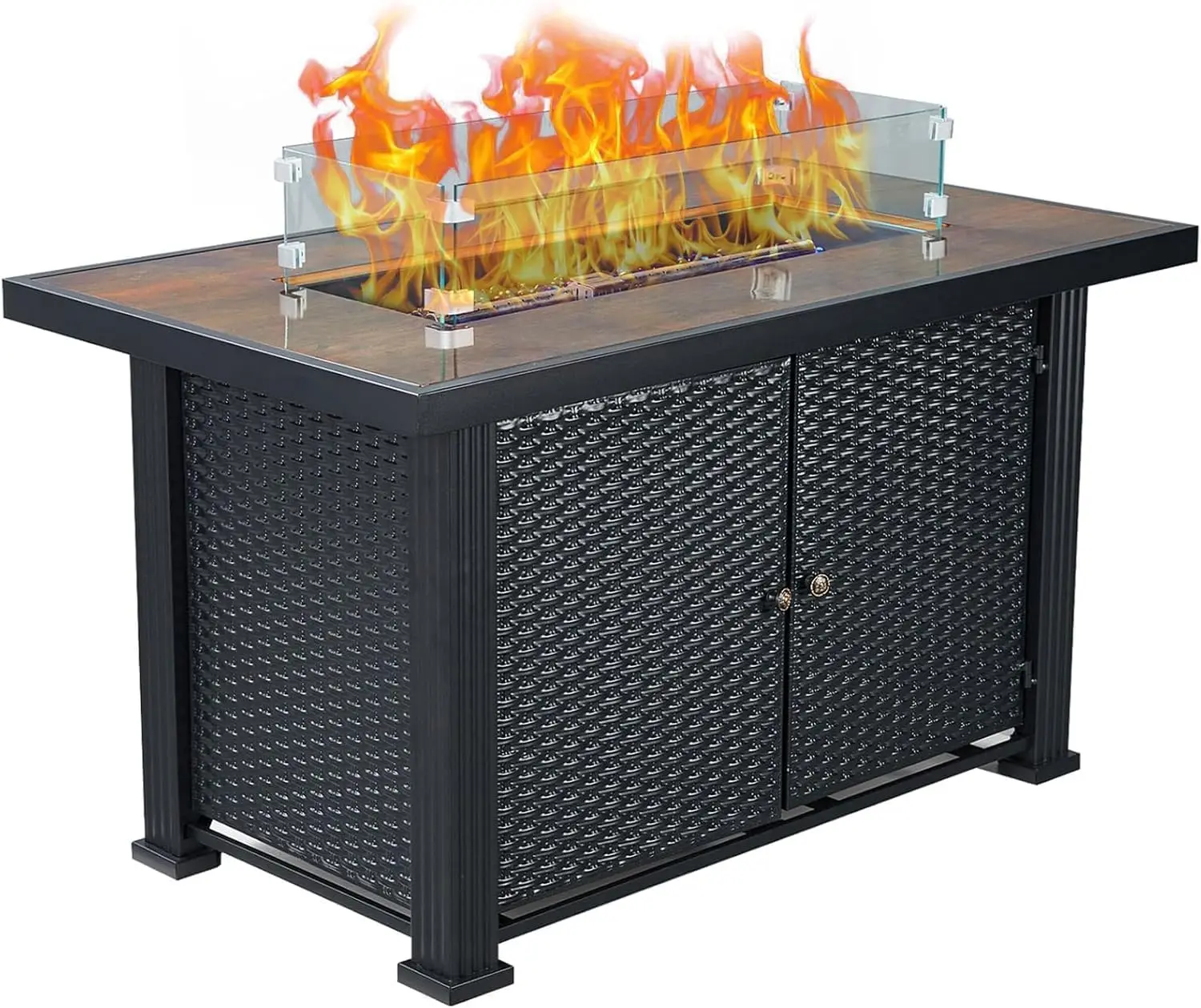 

44 Inch Propane Fire Pit Table, 50,000 Btu Steel Gas Fire Pit with Rattan Panel, Glass Wind Guard, Black Tempered Glass Tabletop