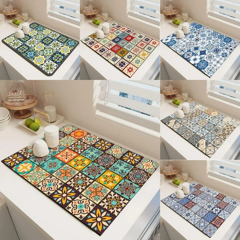 VIKAMA Vintage Bohemian Geschirr-Trockenmatte, rutschfeste, saugfähige Küchenabflussmatte, Schutzunterlage für Kaffeemaschinen, Küchenzubehör
