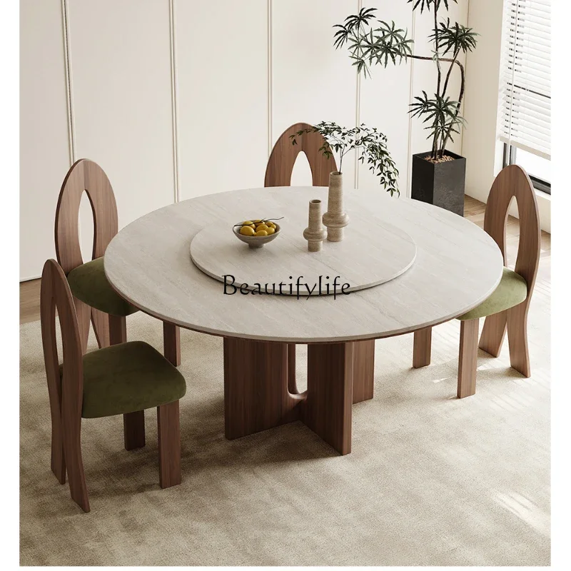 FGWabi Sansi travertine dining table solid wood with turntable rotating round rock slab dining table