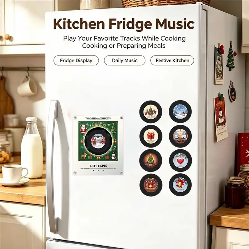 SOFT-Christmas Magnetic Music Fridge Magnet Touch To Play Vinyl Record Player Xmas Fridge Magnet Night Light Built-In LED