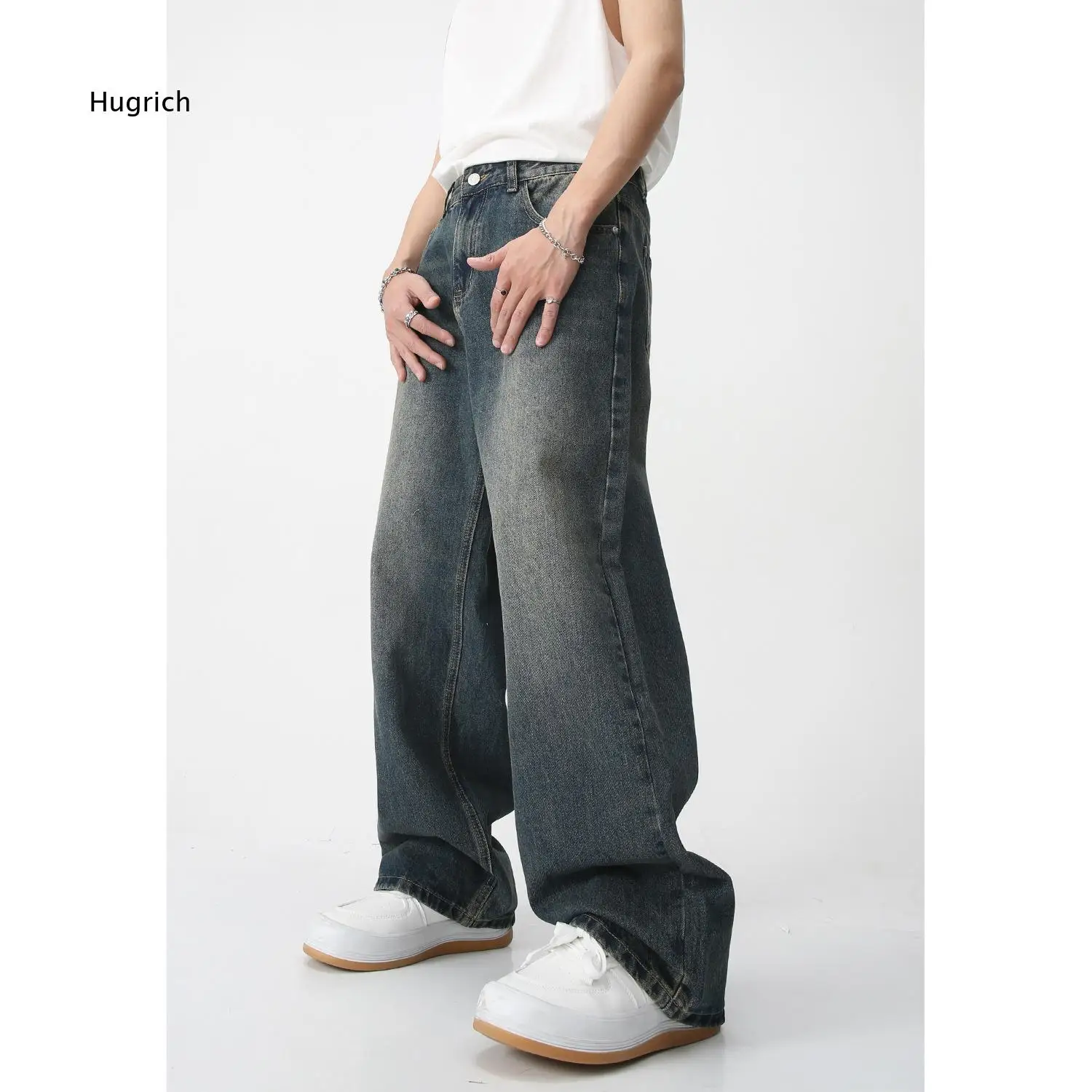 Men Vintage Washed Baggy Wide Leg Jeans High Waist Relaxed Fit Denim Trousers For Street Style And Daily Casual Outfit Matching