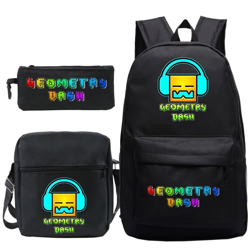 3Pcs Nylon Backpack with Geometry Dash Printing Cartoon School Bag Custom Large Capacity Kids Bags for Boys Girls Laptop Daypack