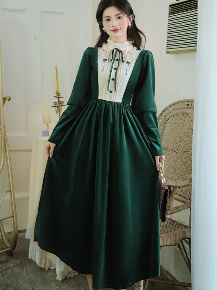 Vintage Green Velvet Midi Dress for Women Autumn Long Sleeve Ruffles O-neck Lace-up Slim Evening Party Robe Elegant Vestidos New