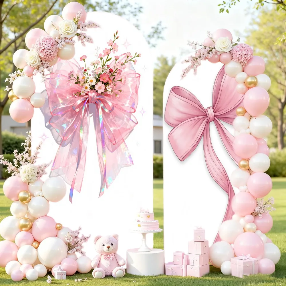 Pink Bow Arched Background Cover Baby Shower Girl's Birthday Party Decoration Elastic Fabric Photography Backdrop Photo Studio