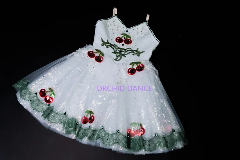 Professional Custom Size Kids Girls Cherry Radish Dance Performance Wear Ballet Costumes White Green Dance Tutu Dress