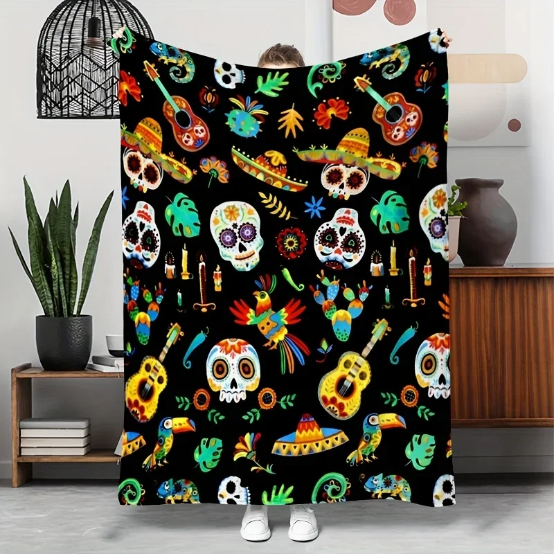 Vibrant Day of the Dead Sugar Skull Fiesta Throw Blanket Bohemian Macrame Boho Chic Home Decor Gift