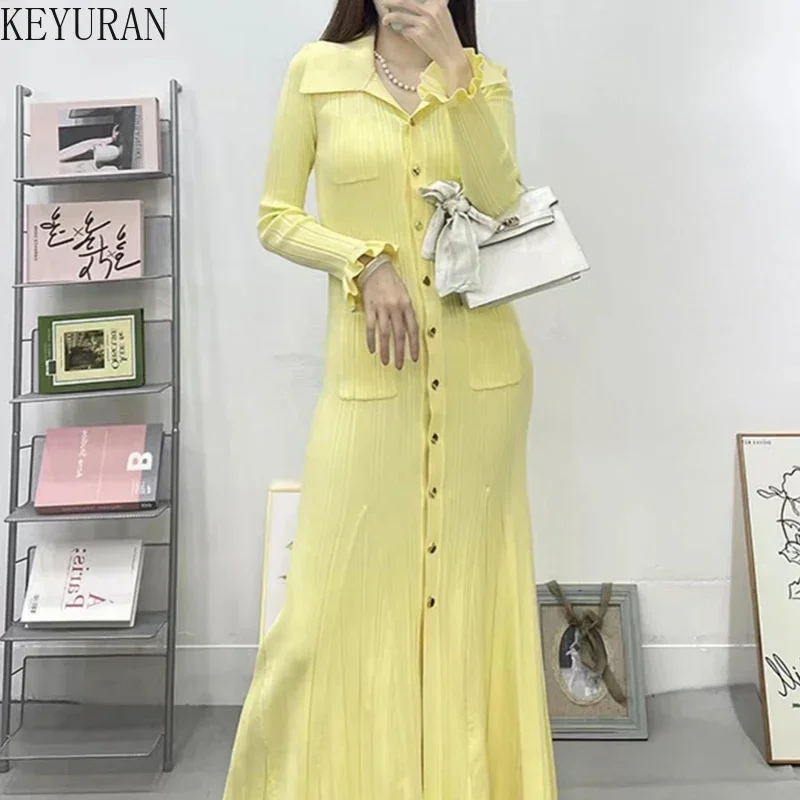 2024 Autumn Winter Knitted Dress Women Casual Single Breasted Pockets Slim Long Sleeve Maxi Long Dresses Robe Vestidos De Mujer