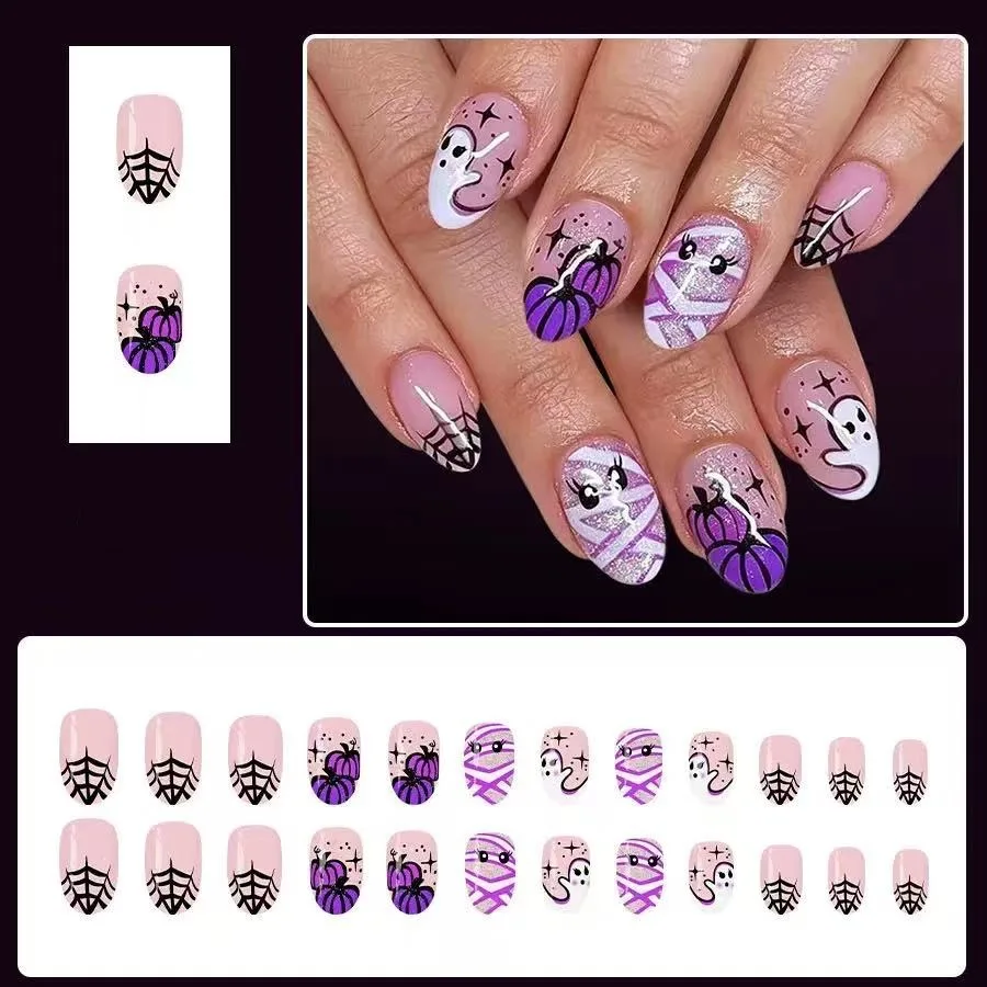 24 Stück Niedliche DIY Aufklebenägel mit Halloween-Geister-Print, Mandelform, Künstliche Nägel für Frauen und Mädchen, für den täglichen Gebrauch und Partys – Detail 5