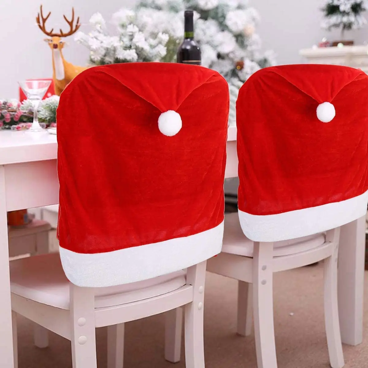 

Red Hat Dining Chair Slipcovers,Christmas Chair Back Covers, Kitchen Chair Covers, Holiday Festival Decoration, 4Pcs