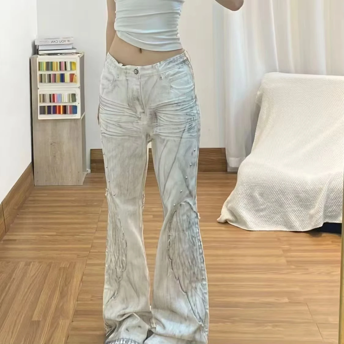 

Washed Distressed Design Bell Bottom Jeans Women's Slim Fit Long Pants High Waist Street Style Casual Wear All Seasons Hot Girls