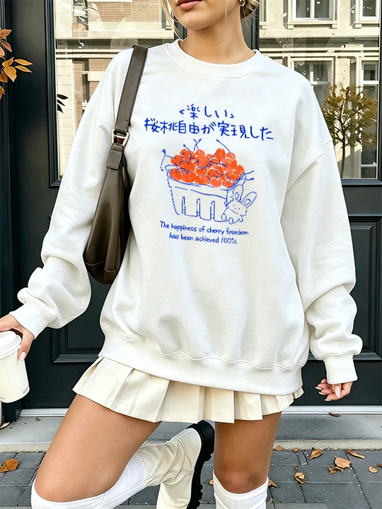 Artistic Word Cherry Design Printing Women Sweatshirt Casual Autumn Pullover Crewneck Fleece Clothes Loose Y2K Streetwear
