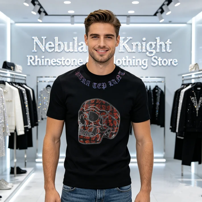 Luxury Bling Rhinestone Men T Shirt Cotton Round Neck Casual Short Sleeve Summer Daily Basic Wear Male Tops