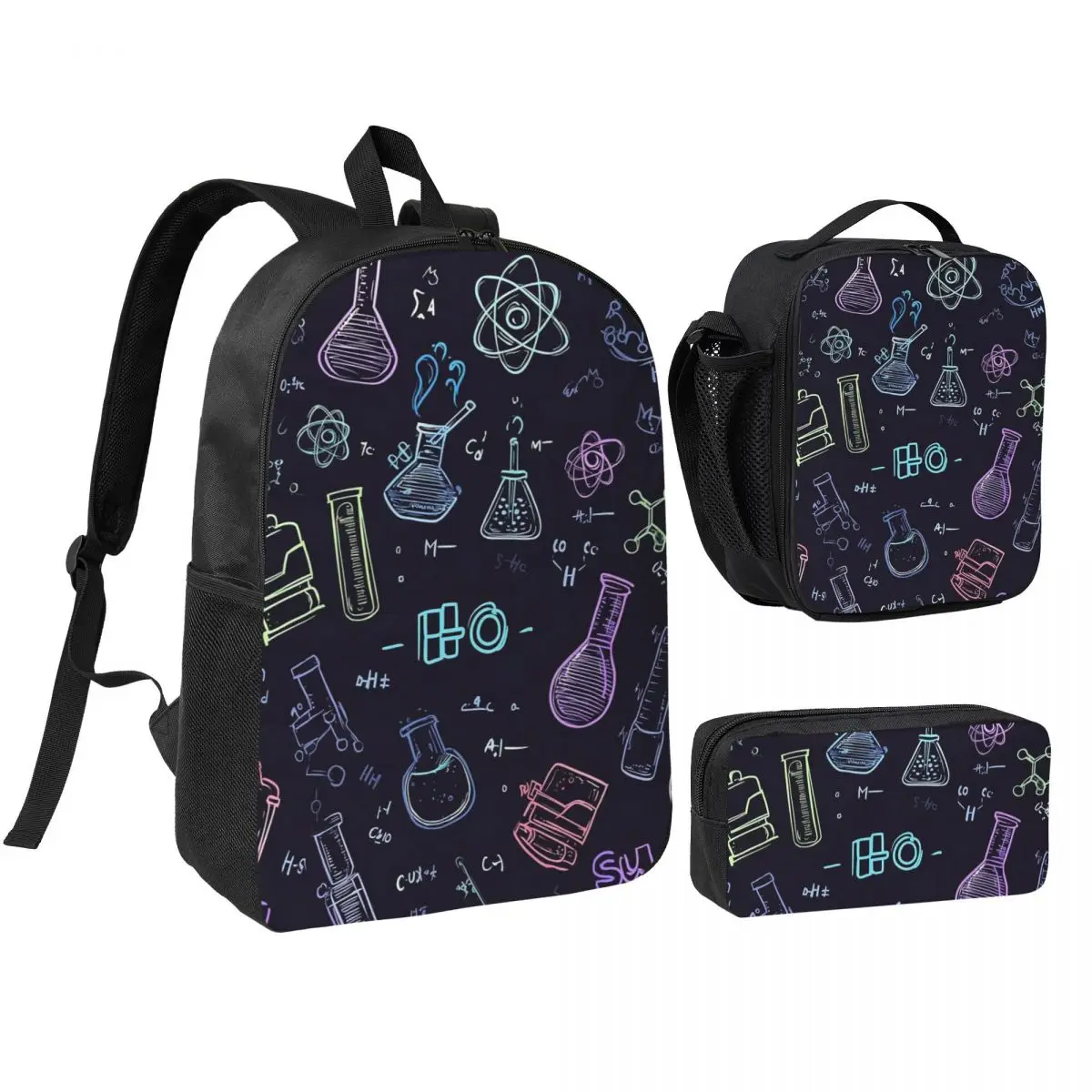 Scientific Experiment Element Style Backpack Boys Girls BookBag School Bag Shoulder Bags 3ps Insulated Lunch Bag Pencil Case
