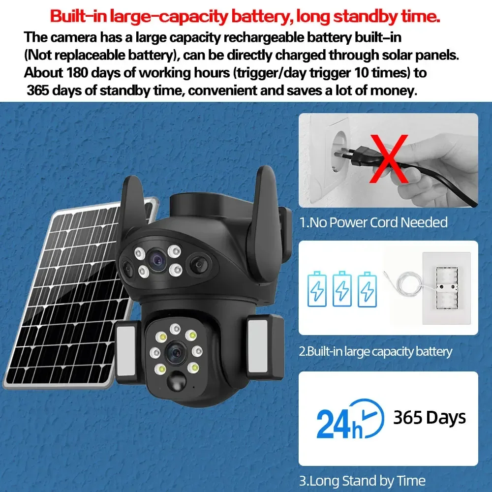 4K 8MP 4G SIM Card Solar Surveillance Camera PIR Motion Detection Outdoor PTZ Security IP Camera Color 50M Night Vision V380 Pro