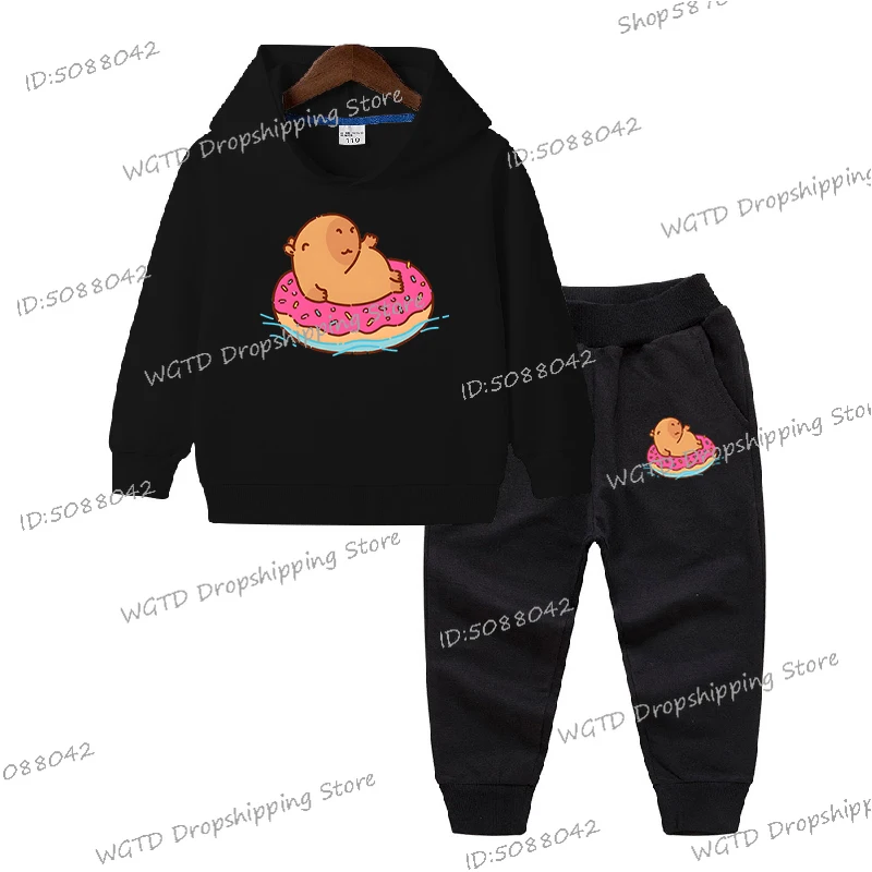 Simpatico capibara galleggiante in una ciambella Stampa Bambini Ragazzi Ragazze Felpe con cappuccio Abito Capybaras 2 pezzi Felpe con cappuccio Pantaloni Abito Kawaii Cartoon Design