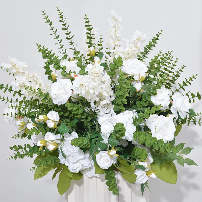 

70Cm Artificial Flower Ball Eucalyptus Hydrangea Rose High Quality Faux Floral Sphere with Geometric Holder for Wedding Decor