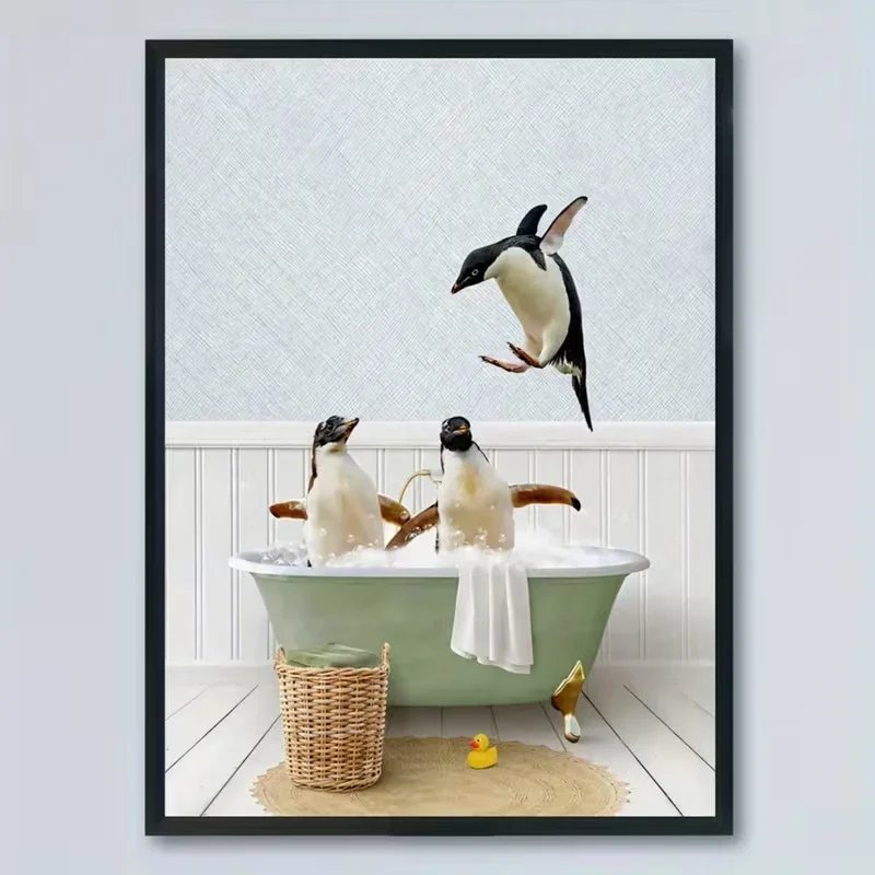 2D Flat, 2D Flat, 1pc Amusing And Adorable Penguins Depicted in a Classic Bathtub Illustration, Canvas Wall Art Print for Dec