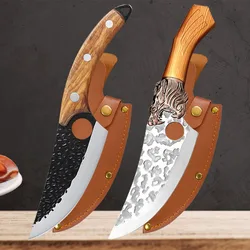 Cuchillos de corte de carne con mango de madera, cuchillo de forja hecho a mano, cuchillo de rebanar, cuchillos de cocina multifuncionales con cubierta