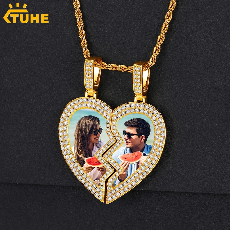 

Heart Double Memory Medallions Customized Necklaces With Picture Pendant Men Hip Hop Jewelry Couples The Back Add Text On