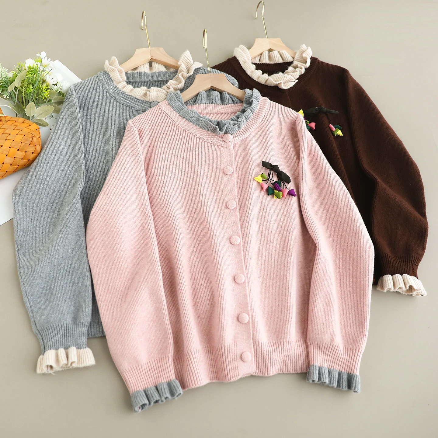 

Japanese Sweet Mori Girl Patchwork Knitted Sweater Cardigan Women Spring Autumn Stand Collar Long Sleeve Casual Knitted Outwear