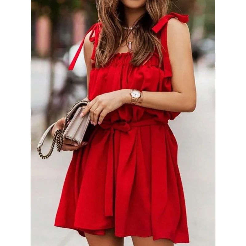 

YQ1-Women's Sexy Off-Shoulder Sleeveless Dress Spring New High-Waisted Ruched Pullover Strap Dress