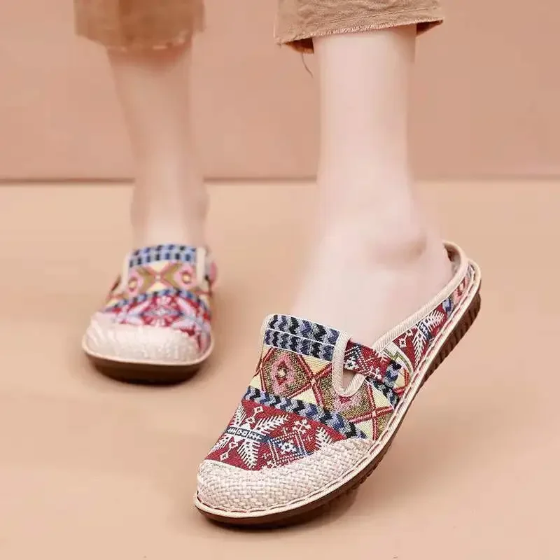 

Womens Ethnic Style Slippers Fashion Women Shoe Wedge Cloth Shoes with Soft Soles Walking Shoes Slip-on Mules Zapatilla De Mujer