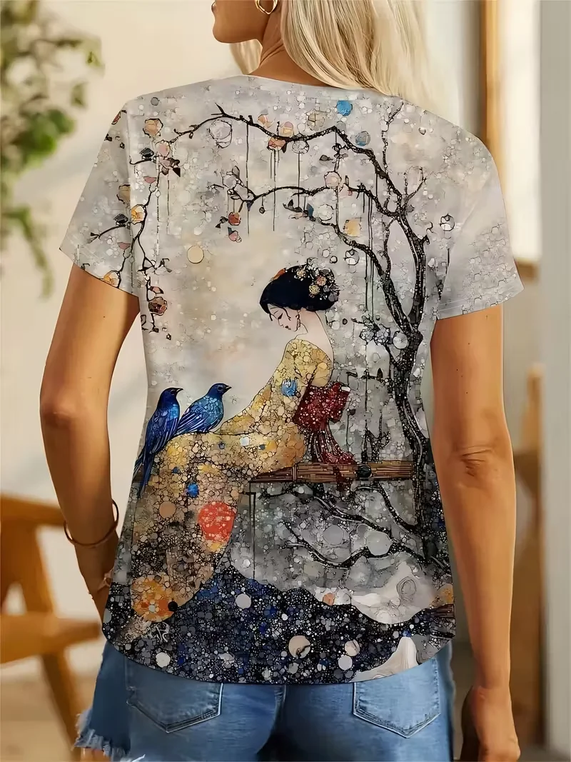 3D printed ancient costume pattern printed women's short sleeved T-shirt, high-quality women's top, suitable for daily wear