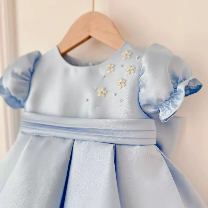 

Blue Girl's Dress Princess Dress with Big Bow on Back Baby Dress Wedding Flower Girl Dress Elegant and High-end