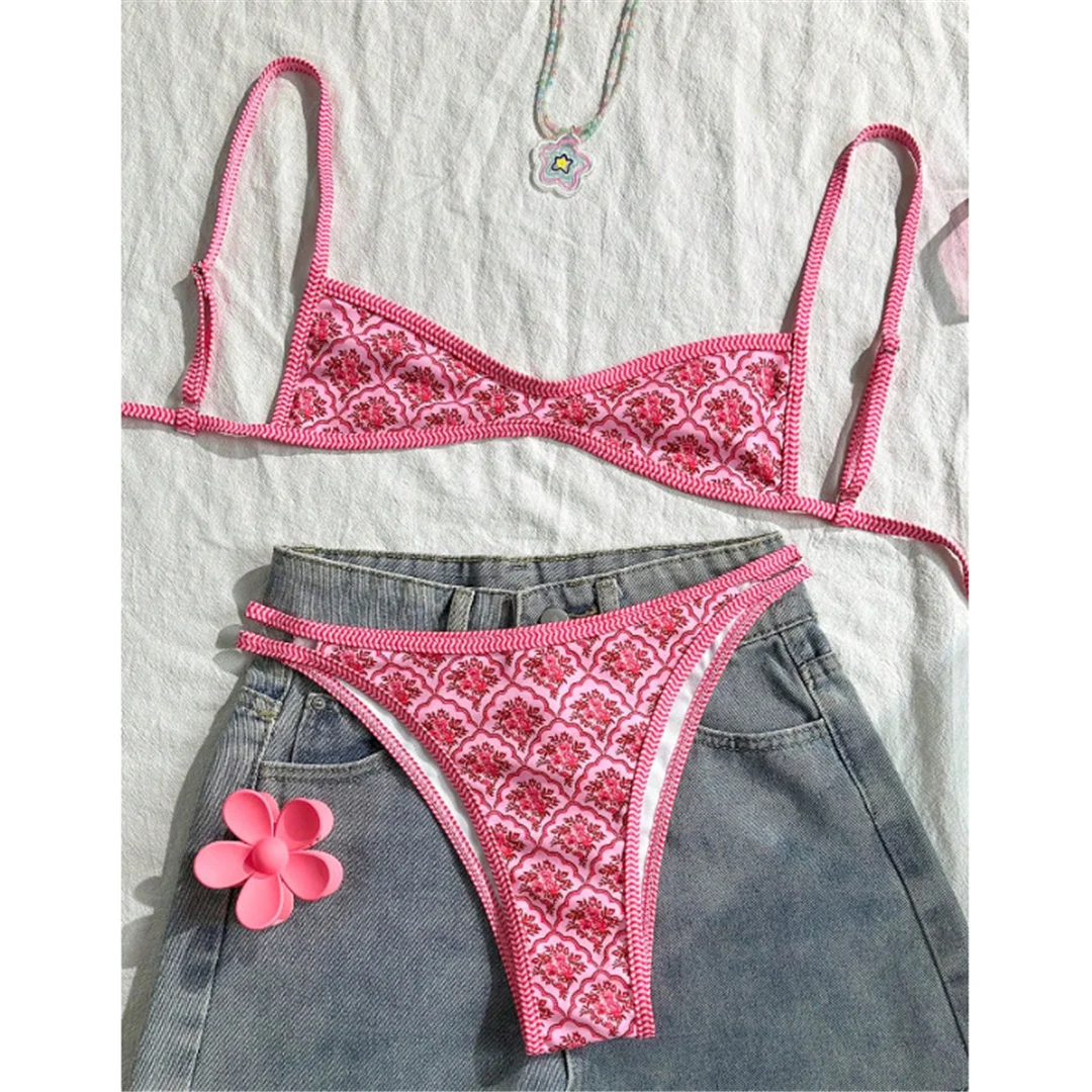 S - XL, mit Blumenmuster, hoch geschnittener Bikini, Damen-Badeanzug, zweiteiliges Bikini-Set, Badebekleidung, Badeanzug, Modell V6965. – Detail 11