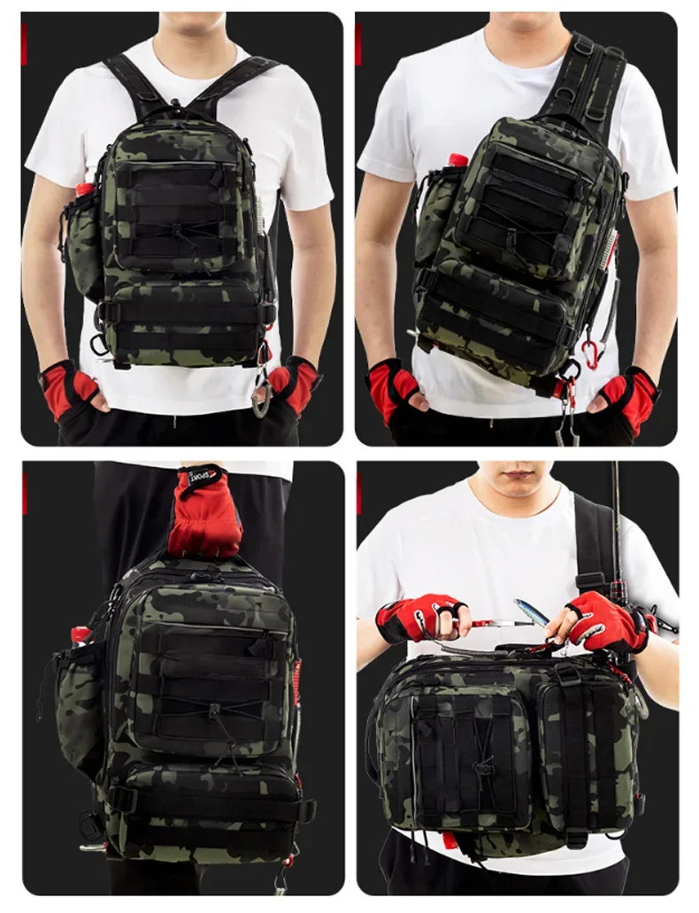 Angelrucksack Aufbewahrungstasche Herren Outdoor Schulter-Hängetasche für Angelköder und Ausrüstung mit Rutenhalter Camping Jagd – Detail 4