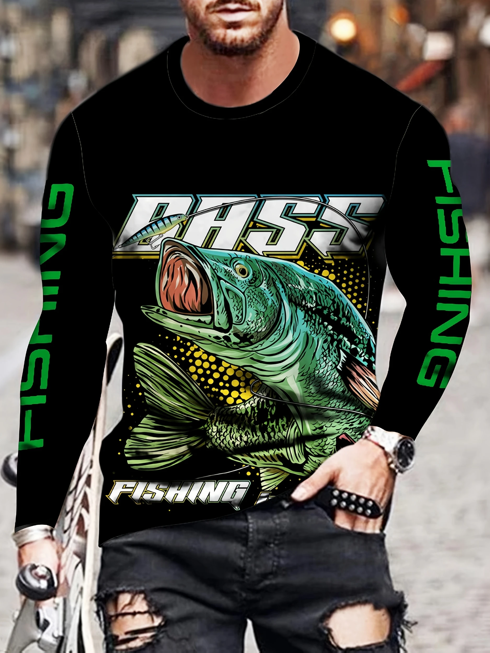 Largemouth Bass Fish Graphic Long Sleeve Fishing Jersey Family Matching Outdoor Stylish Printed Casual Daily Wear Soft Tee Top