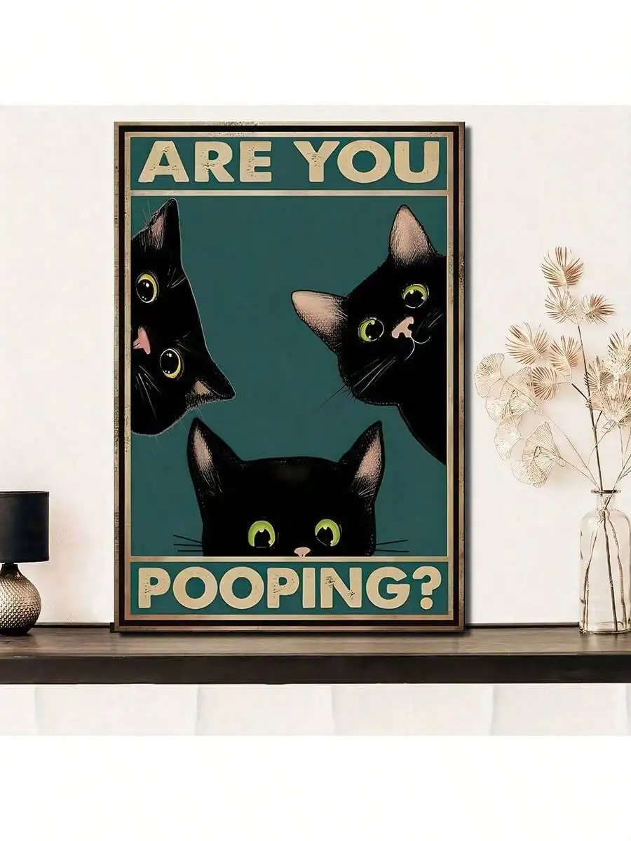 Canvas Painting Print Poster Funny Triple Black Cat Peeking, Retro Sneaking Cat Poster, Are You Pooping Wall Art Home Decor