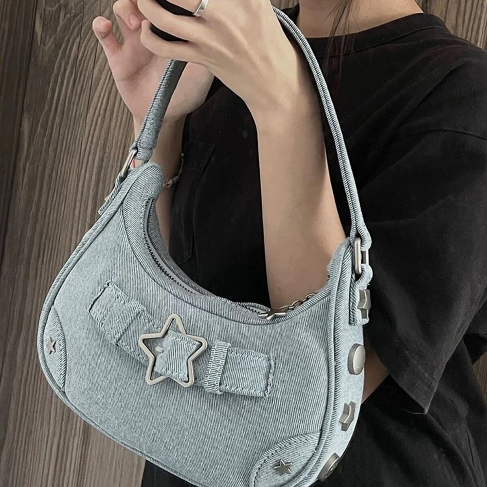 

Women Shoulder Bag Denim Y2K Shoulder Handbag Star Decor Solid Color Fashion Gift for Girls Ladies Purse Tote Bag