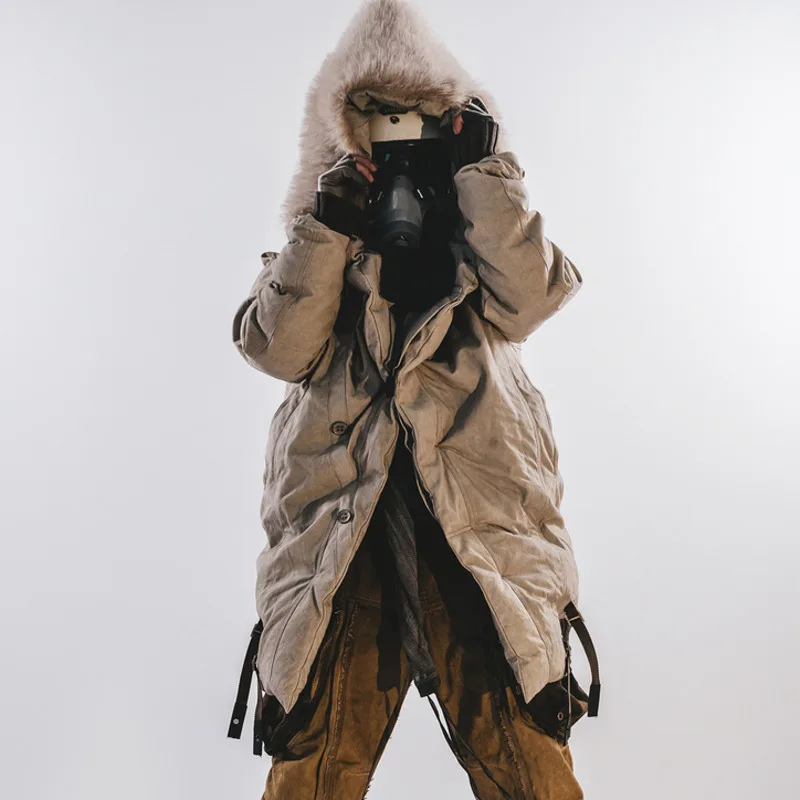 HKSH الخريف الشتاء الرجال فاسق فضفاض النفايات الأرض مقنعين التزلج الصوف معالج قبعة جاكيتات Techwear منتصف طول القطن معطف مبطّن HK14944