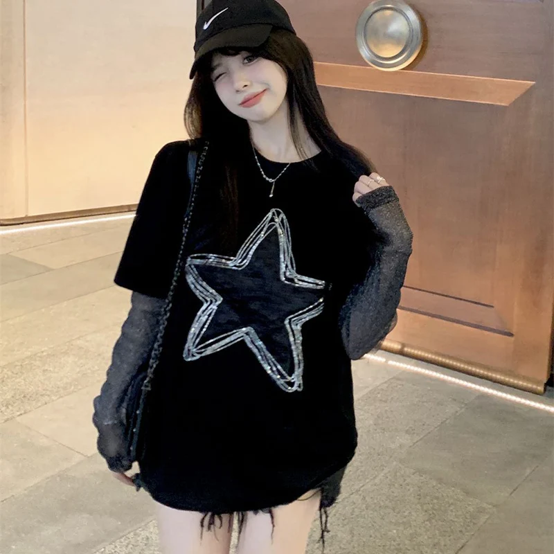 Summer New Diamond Inlay Long Sleeved T-shirt for Women's Spring Autumn Fake Two-piece Mesh Splicing Loose Casual Versatile Top