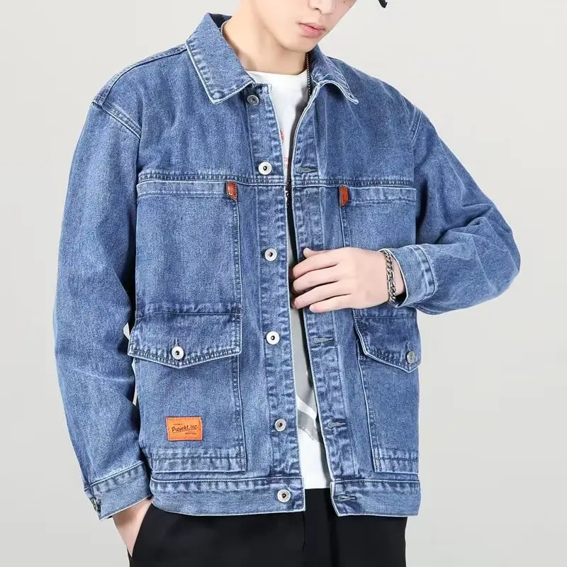 Loose Fit Casual Men's Denim Jacket Autumn Winter Japanese Style Workwear Large Size with Multiple Pockets Turn-down Collar