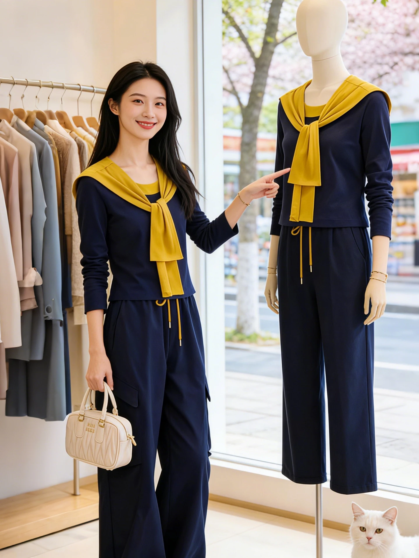 

Модный женский комплект из двух предметов: свободные брюки с широкими штанинами и топ с длинными рукавами в стиле «накидка на плечи» цвета «королевский синий», весна 2026