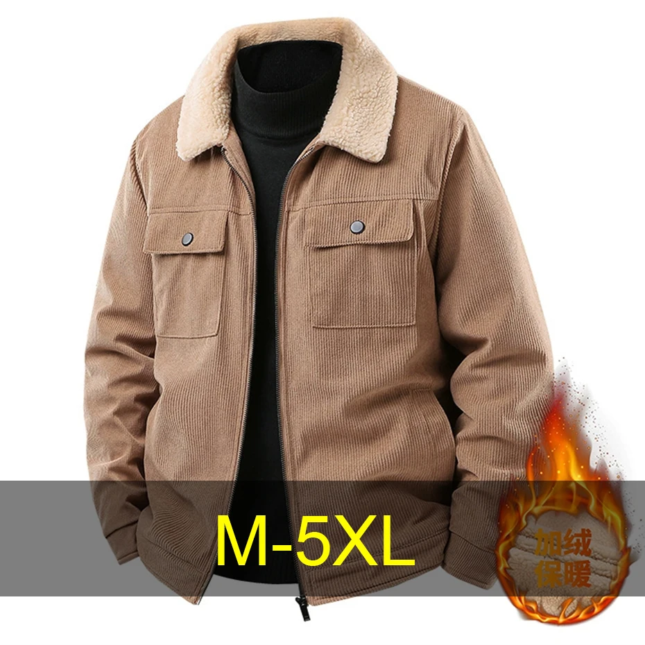 

Autumn Winter Corduroy Jacket Men Fleece Jacket Coat Male Fashion Casual Solid Color Jacket Bing Size 5XL