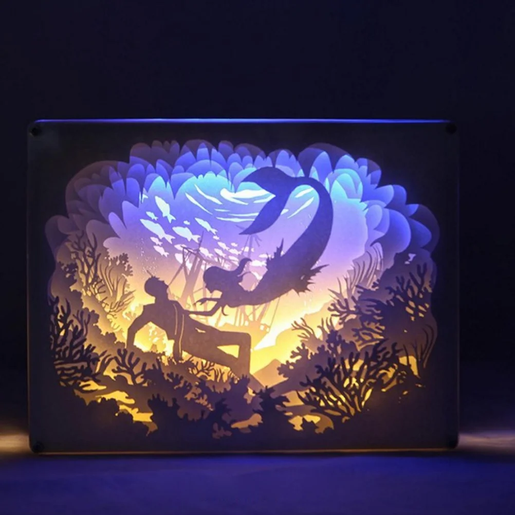 

1Pcs 3D Paper-Cut LED Night Light Mermaid Paper Sculpture Creative Home Bedside Lamp Warm Room Valentine's Gift